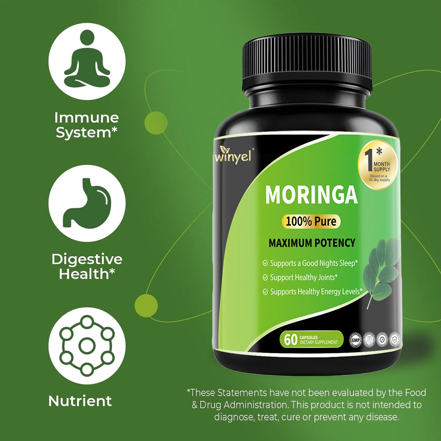 Pure Moringa Leaf Capsules - High Potency Nutrient-Dense Supplement - 60 Count
