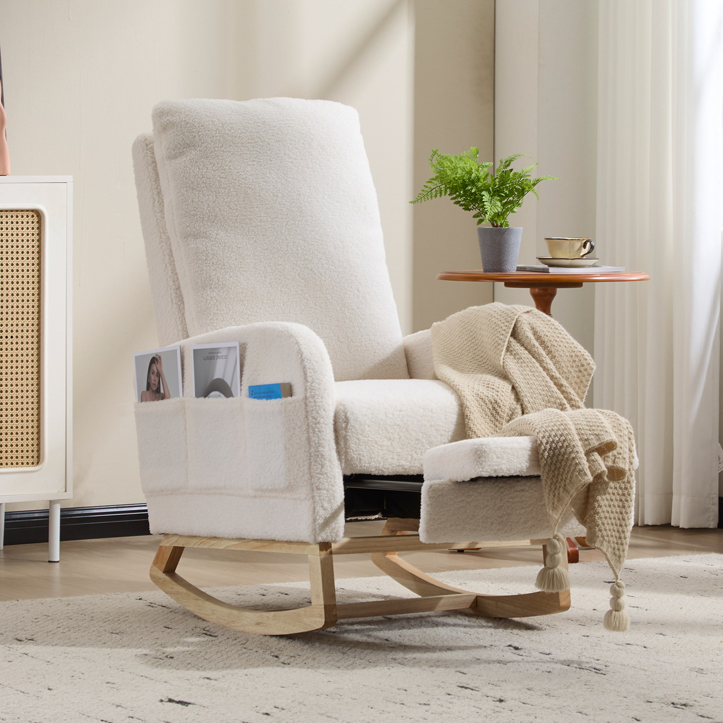 Upholstered Rocking Chair with Solid Wood Legs - White