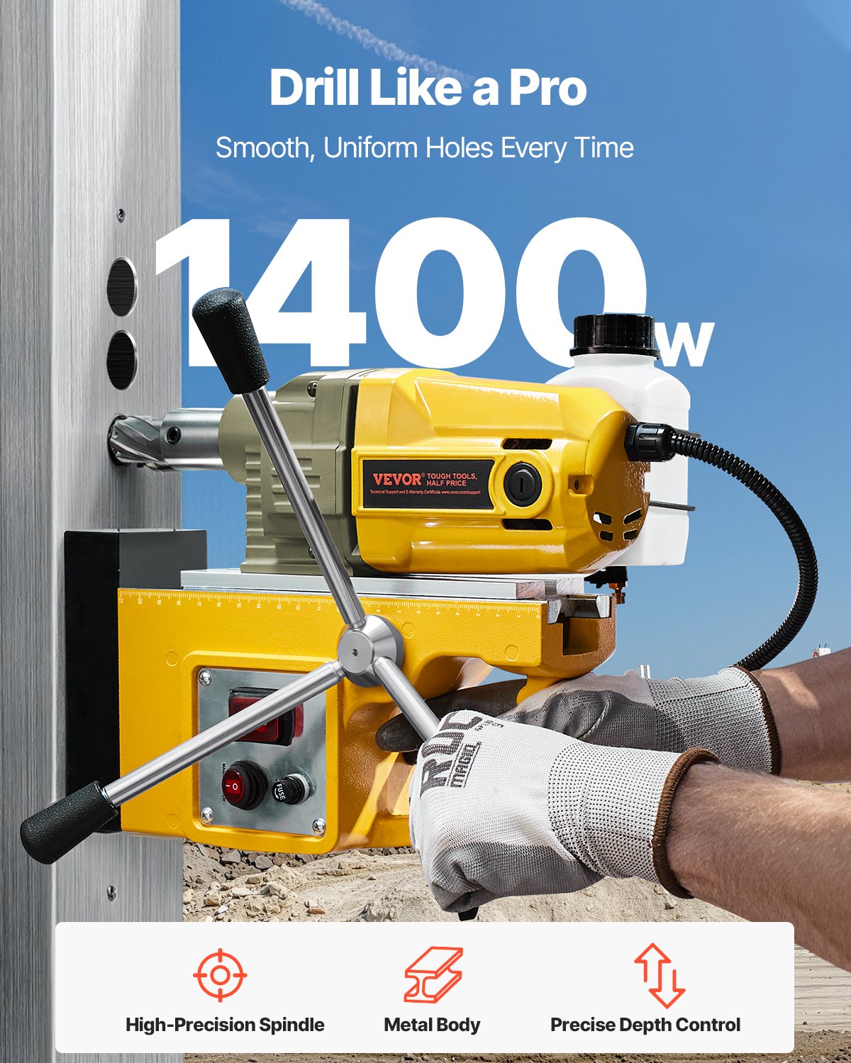 Magnetic Drill 1400W Power Tool with 1.6 Inch Boring Capacity - Yellow