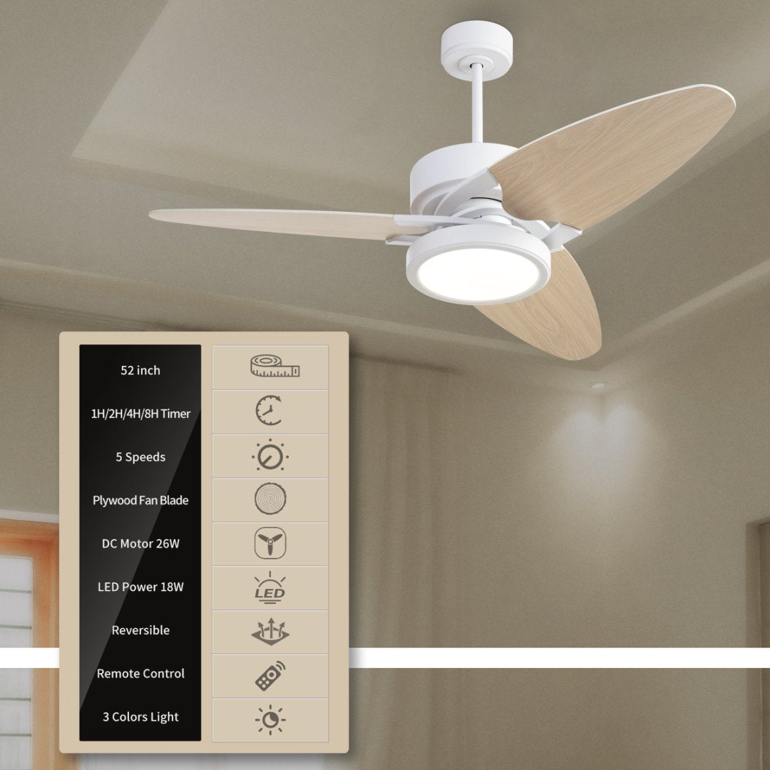 52 Inch Indoor LED Ceiling Fan with Remote Control and Reversible Blades