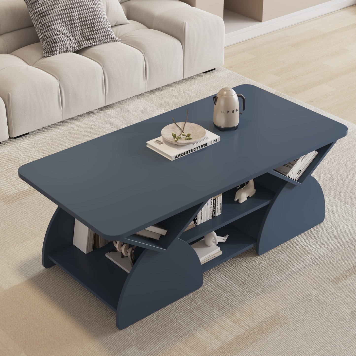 Engineered Wood Rounded Corner Rectangular Coffee Table For Living