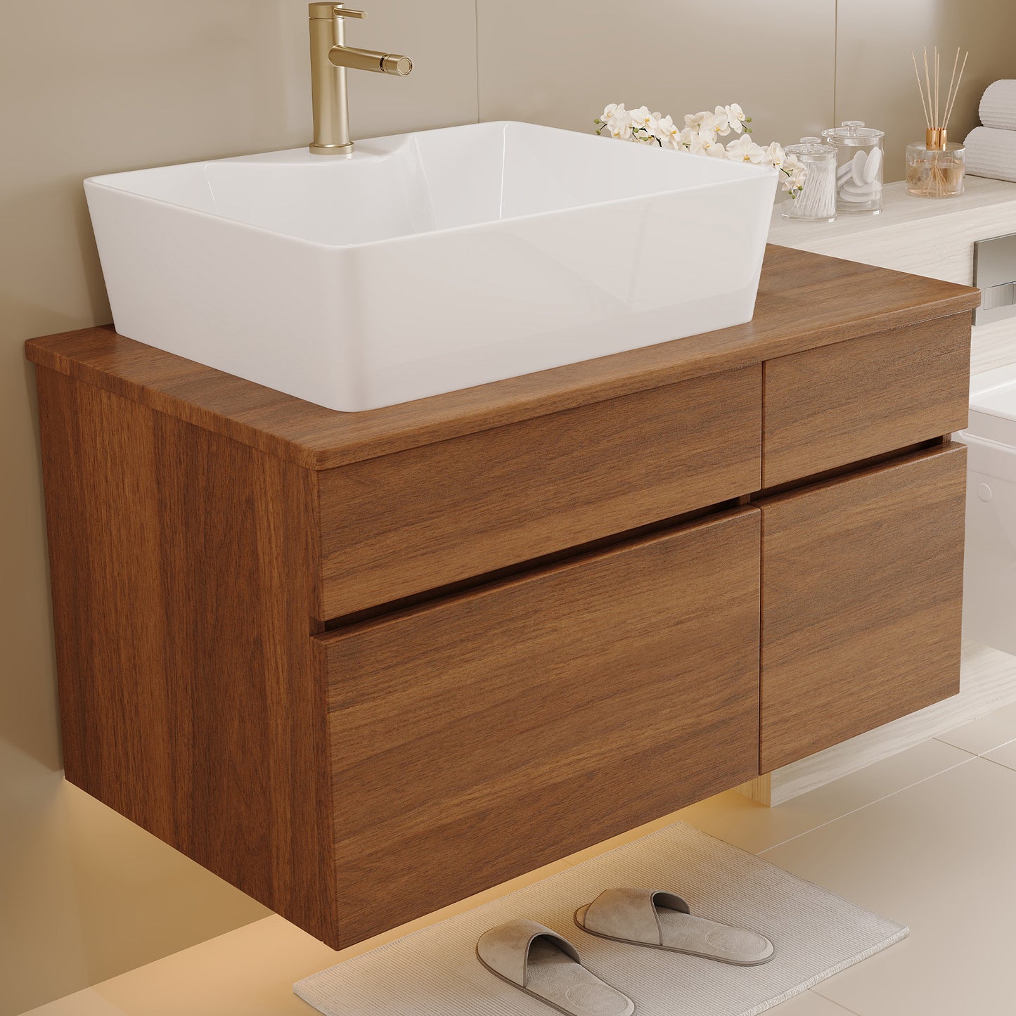 31.5-Inch Floating Bathroom Vanity with Sink - White & Walnut