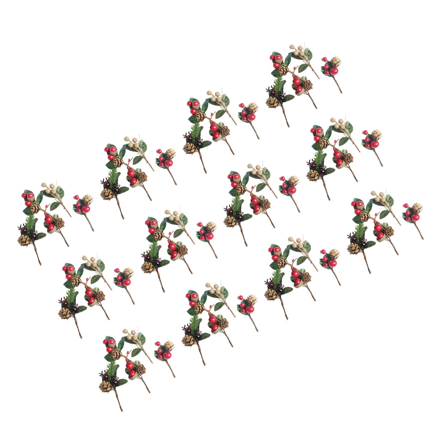 Artificial Flowers with Pine Cones and Red Berries - 12 Sets