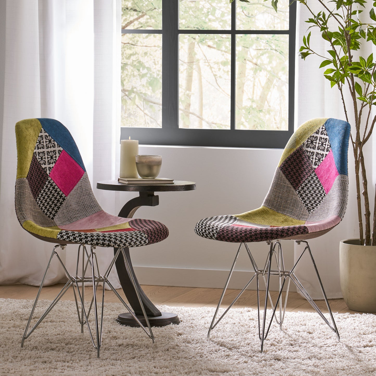 Patchwork Accent Chair Bohemian Style Fabric With Chromed Legs
