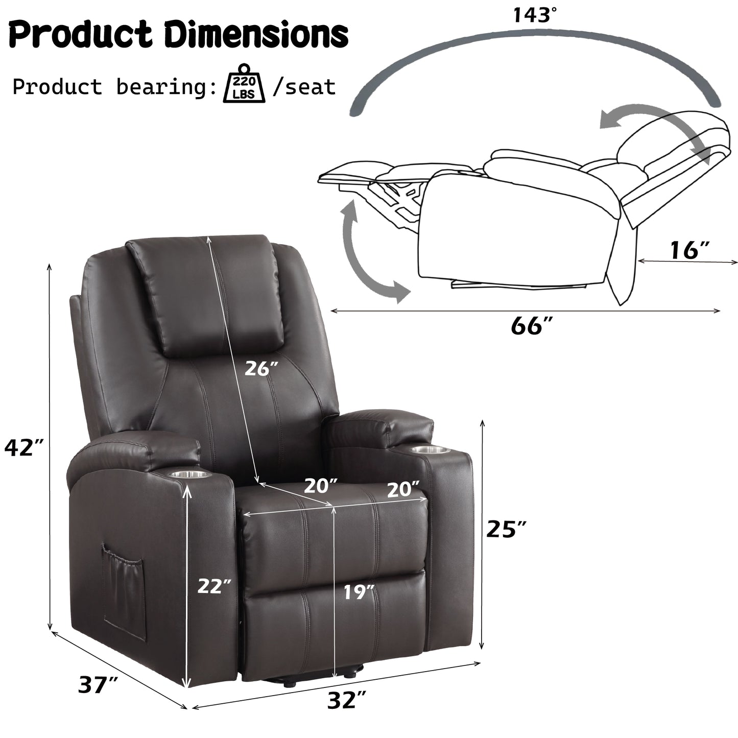Brown Leather Recliner with Power Lift & Massage Function