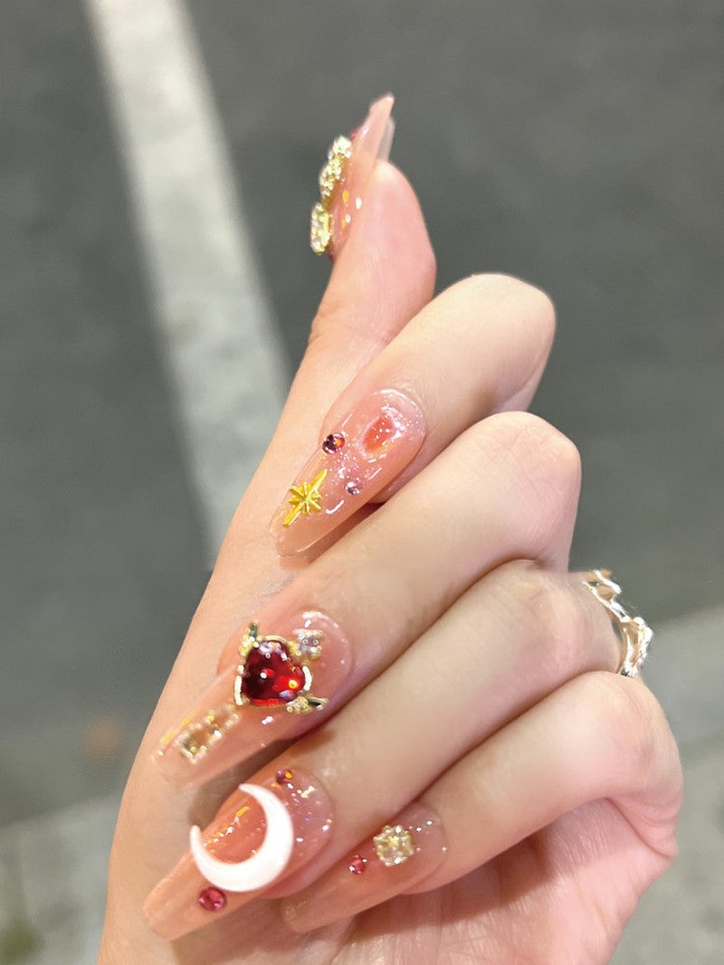 Fantasy Moon Sceptre Wearable Nails - Orange Pink