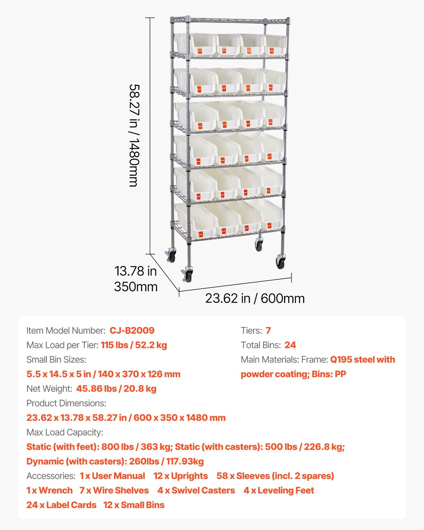 7-Tier Rolling Storage Bin Rack with 24 Small Bins for Garage & Workshop