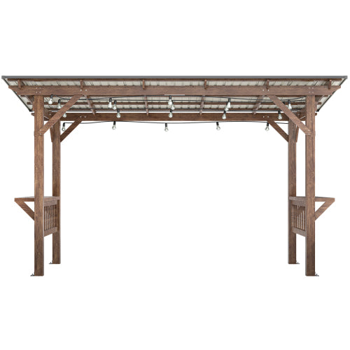 Wooden Pergola Grill Gazebo with Metal Roof, Bulbs & Bar Counters - 13x6.5 Feet