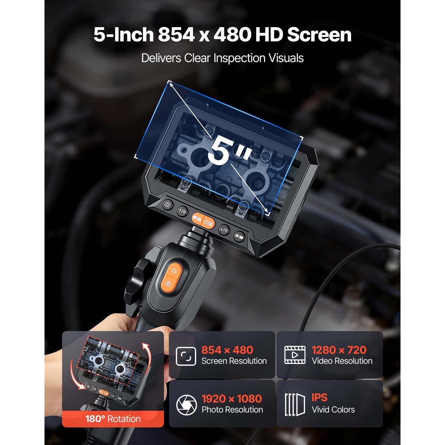 Slim 0.15 Inch Articulating Inspection Camera with HD Screen & Light