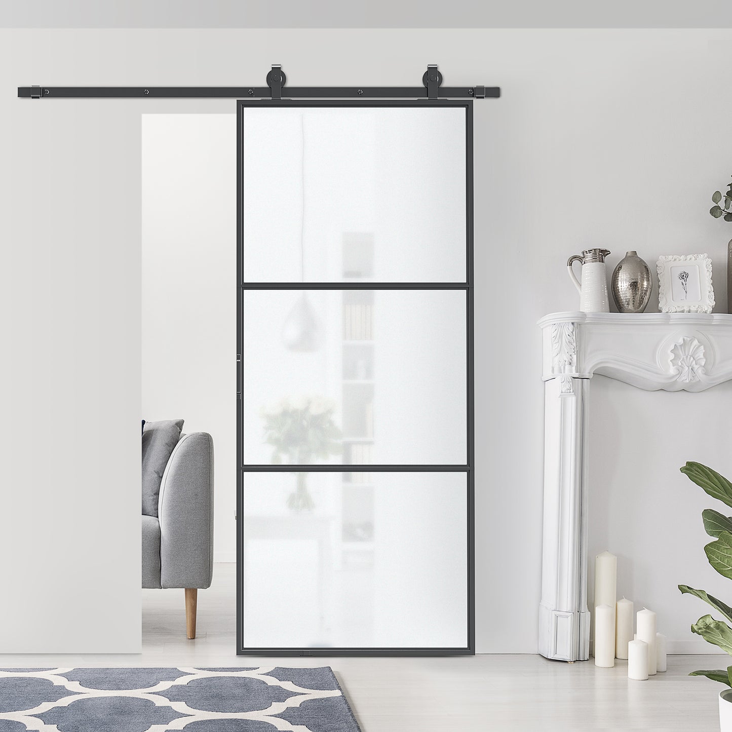 36 x 84-Inch Frosted Tempered Glass Sliding Door Kit with Hardware & Handle - Black