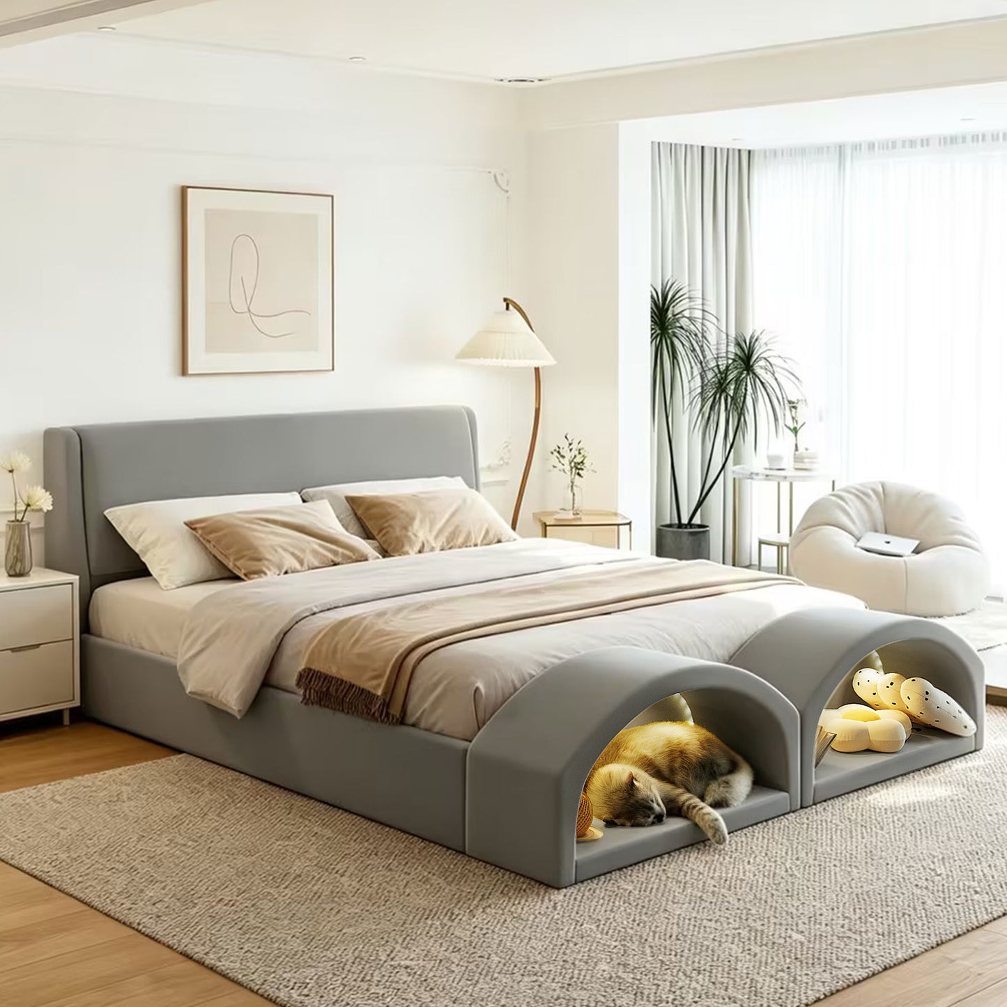 Queen Size Upholstered Platform Bed Frame with Dual Cat Caves & LED Pet Nests - Gray
