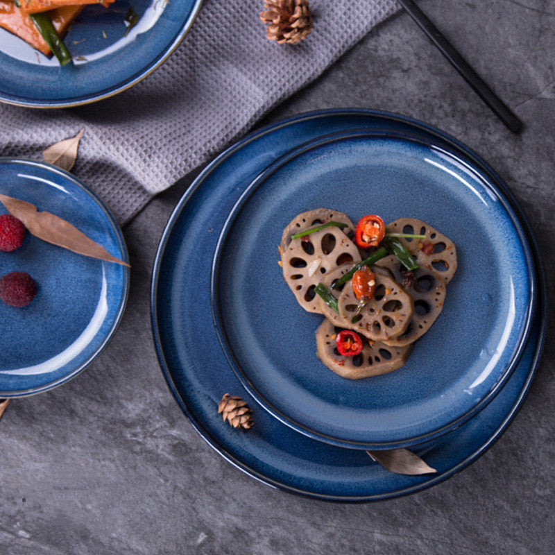 Japanese Kiln-Glazed Star Blue Ceramic Plate - Hand-Painted Dinnerware
