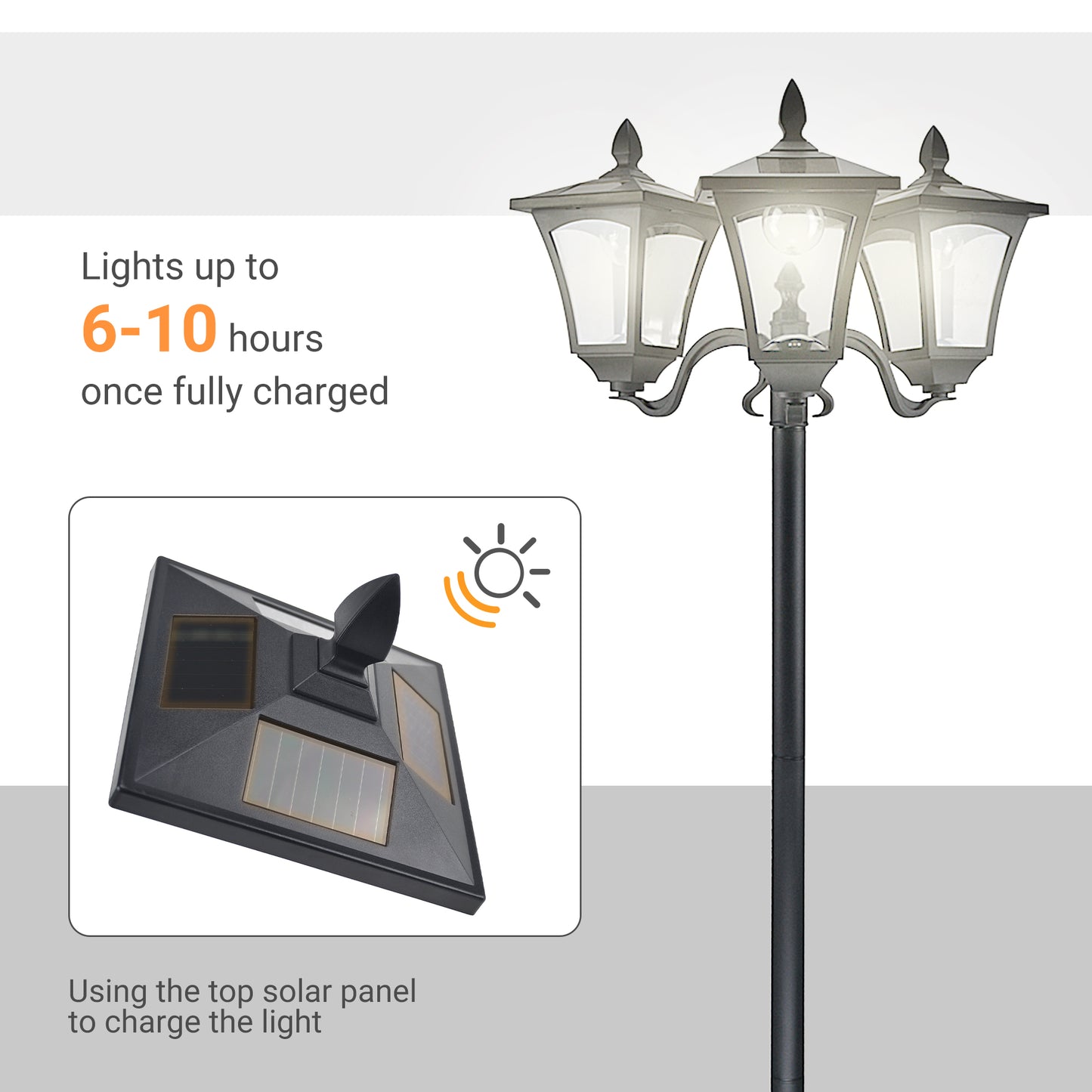 Solar Powered Outdoor Lamp Post Light - Triple Head, 72 Inches
