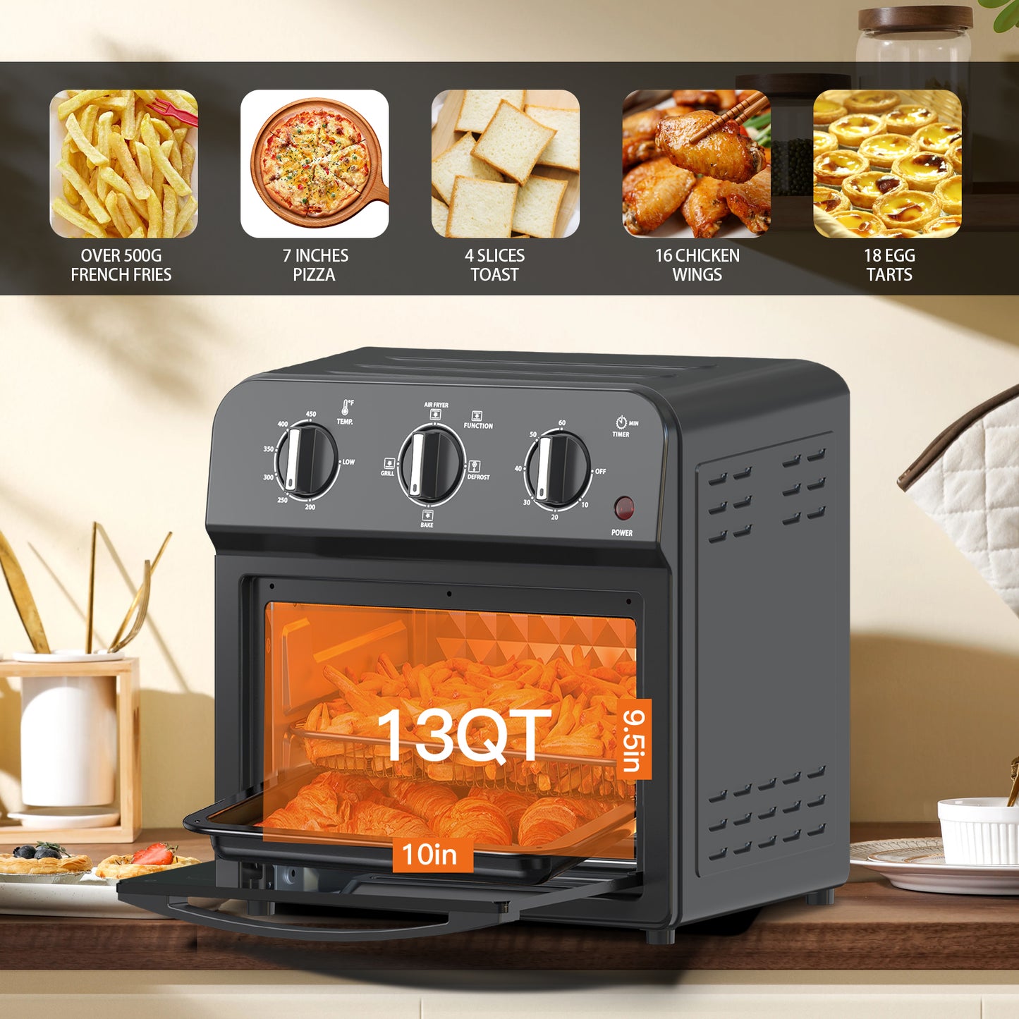 13QT Air Fryer Toaster Oven - 7-in-1 Convection Cooking