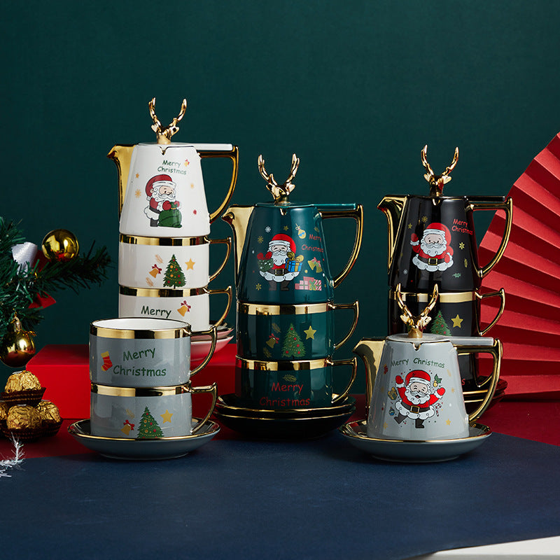 Ceramic Teapot Set with Cups and Plates - Christmas Elk Design, Portable & High-Temperature Resistant