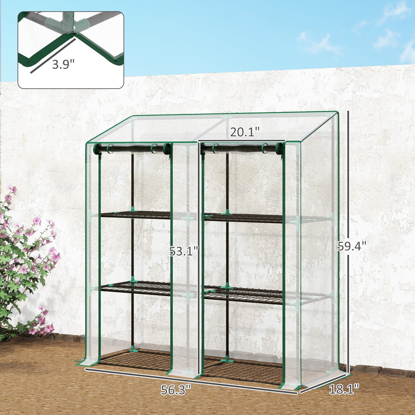 Clear Lean-To Greenhouse with Three-Tier Shelves