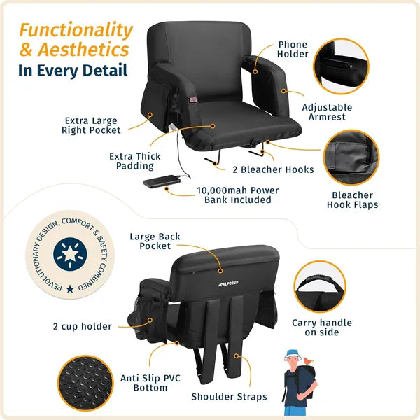 Heated Massage Reclining Stadium Seat with Back Support - Black