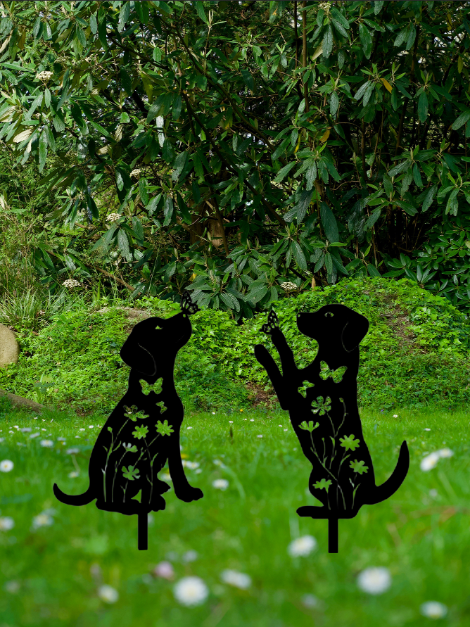 2pcs Metal Dog Garden Decor Puppy Silhouette Stakes Outdoor Yard Art