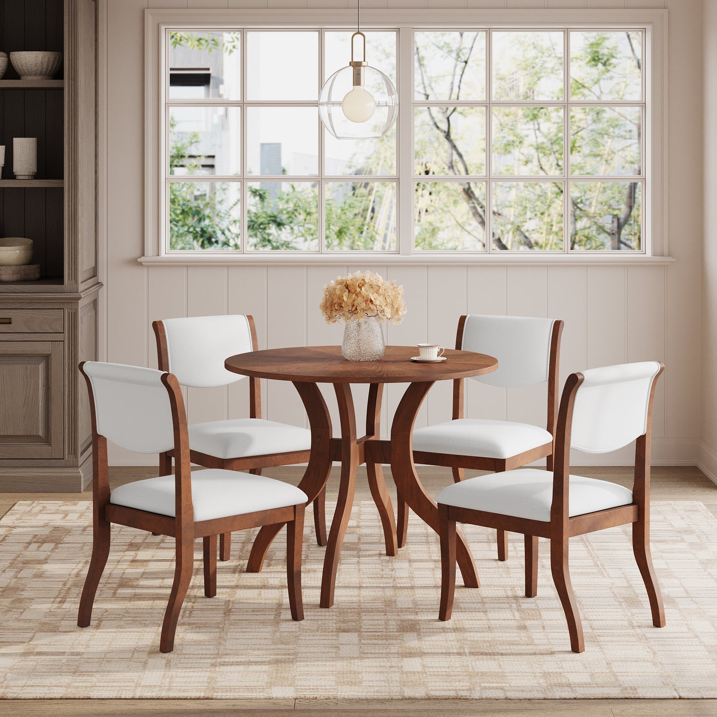 Round Walnut Dining Table Set with 2 Chairs - Traditional Design