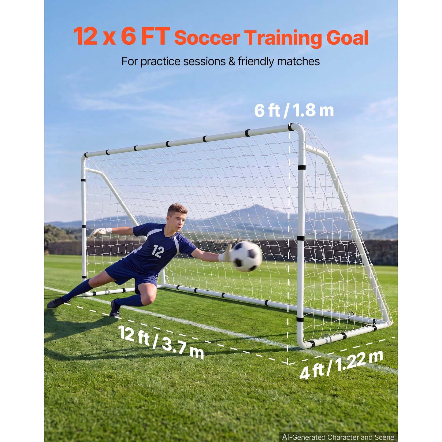 12ft x 6ft Soccer Goal with Iron Frame & PE Net - Portable Backyard Soccer Set for Youth & Adults