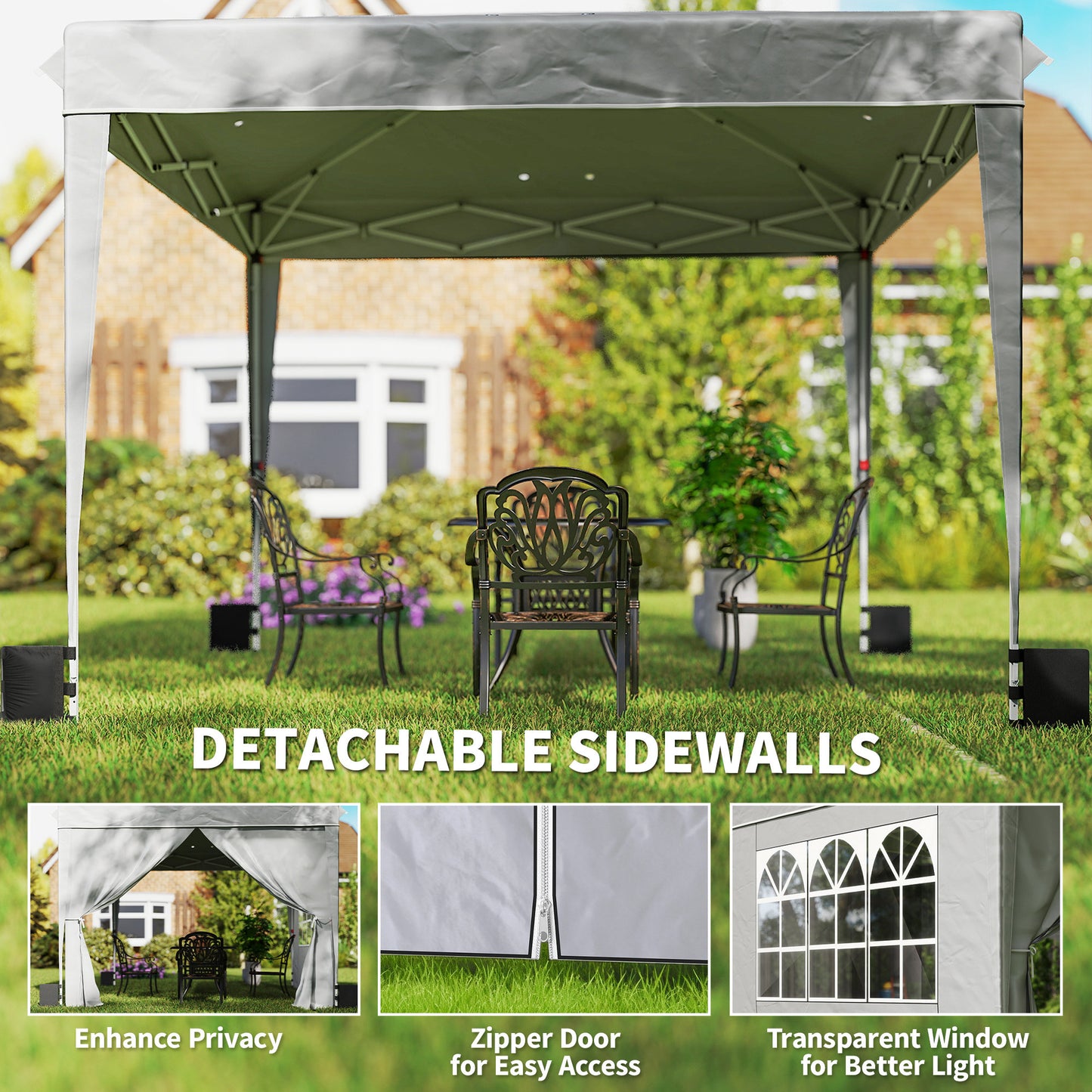 10 x 10 ft Pop Up Canopy Tent with Sidewalls - Light Gray
