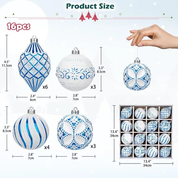 16-Piece Shatterproof Christmas Ball Ornaments Set - Hand-Painted Holiday Decor