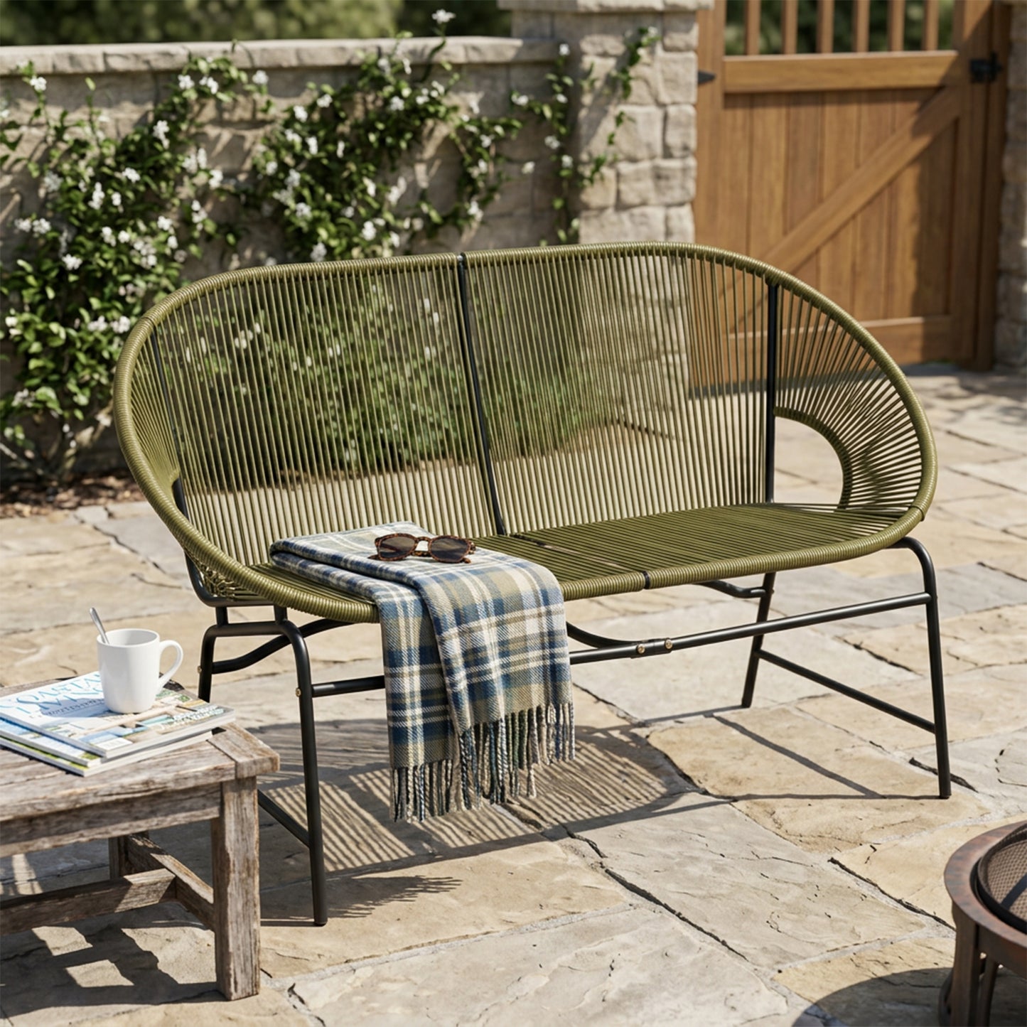Condessa Outdoor Wicker Love Seat - Green PE Rattan & Iron Frame