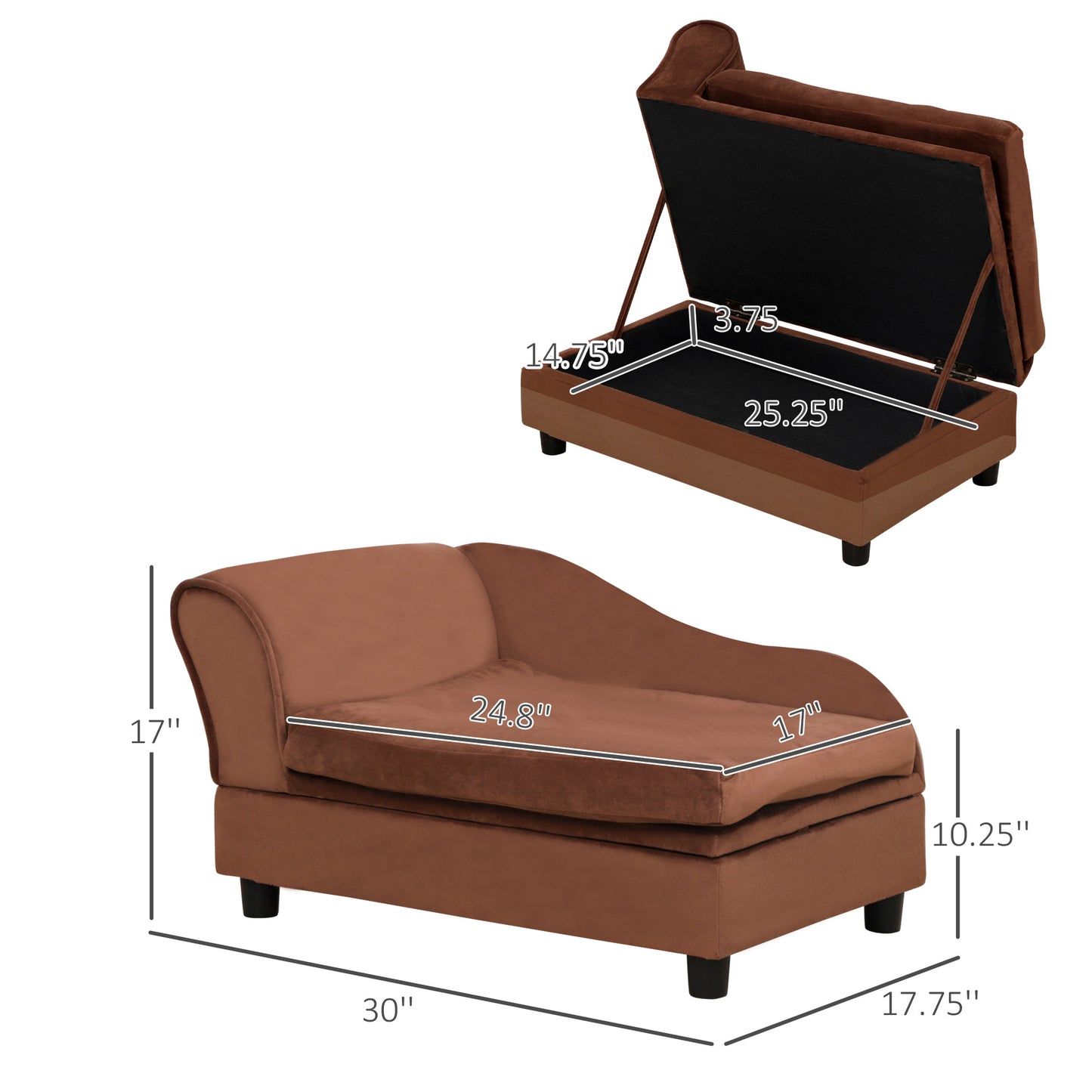 Small Dog Sofa Bed with Storage and Cushion, Brown Pet Furniture
