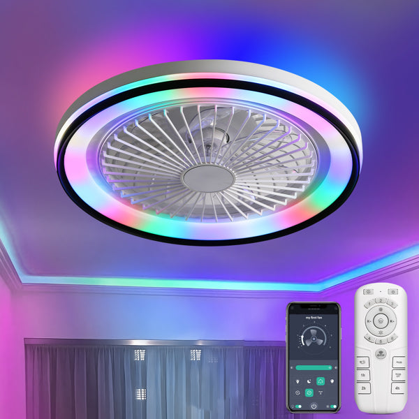19 Inch RGB Dimmable Ceiling Fan with Remote Control, Bladeless Design for Bedroom & Party