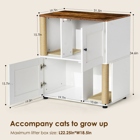 Double Cat Litter Box Enclosure Cabinet for 2 Cats with Shelves White Vintage