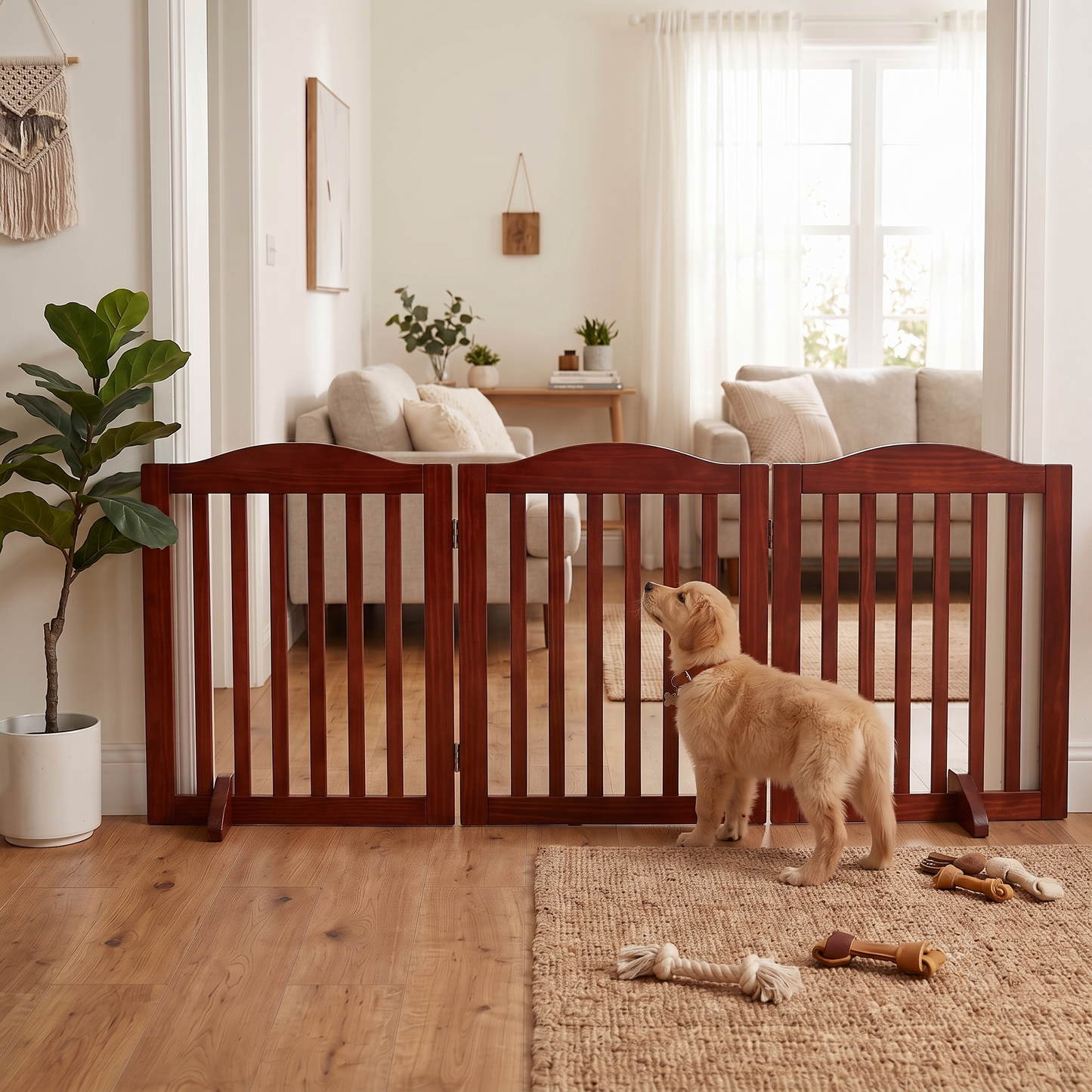 Wooden Freestanding Foldable Dog Gate - 24 Inch, 3 Panels, Room Divider