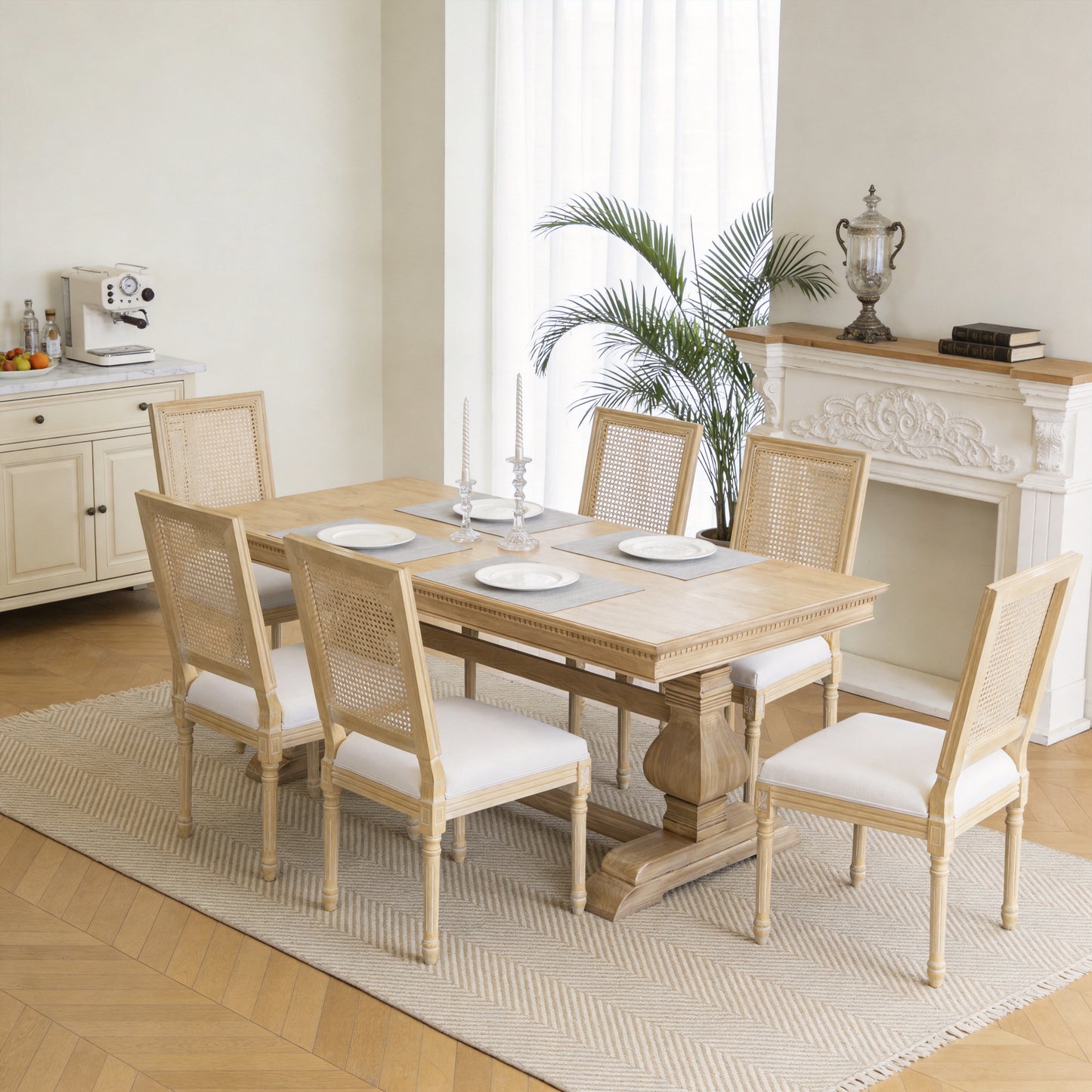 French Country Dining Chairs - Set of 2 Upholstered Rattan Back