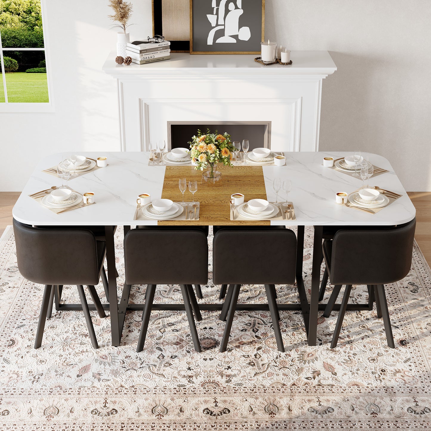 9-Piece Square Dining Table Set, Fixed White Faux Marble & Wood Grain