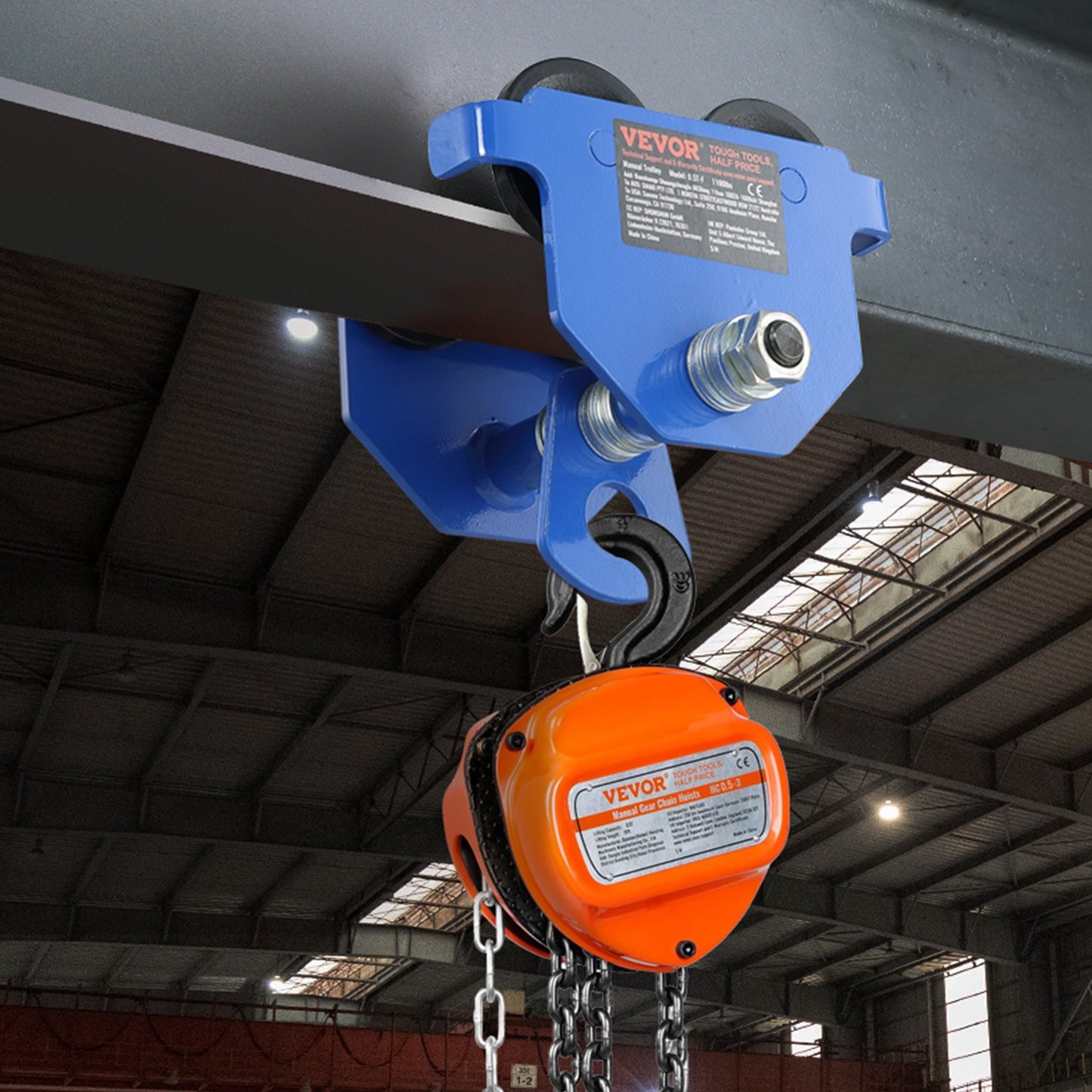 Heavy Duty Manual Trolley for I-Beams - 1100 Lbs Load Capacity Adjustable Steel Garage Hoist