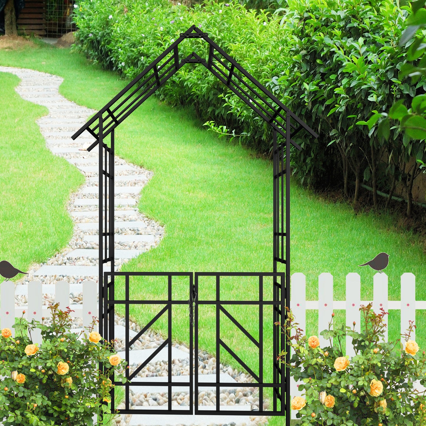 Metal Garden Arch with Gate for Climbing Plants - Black