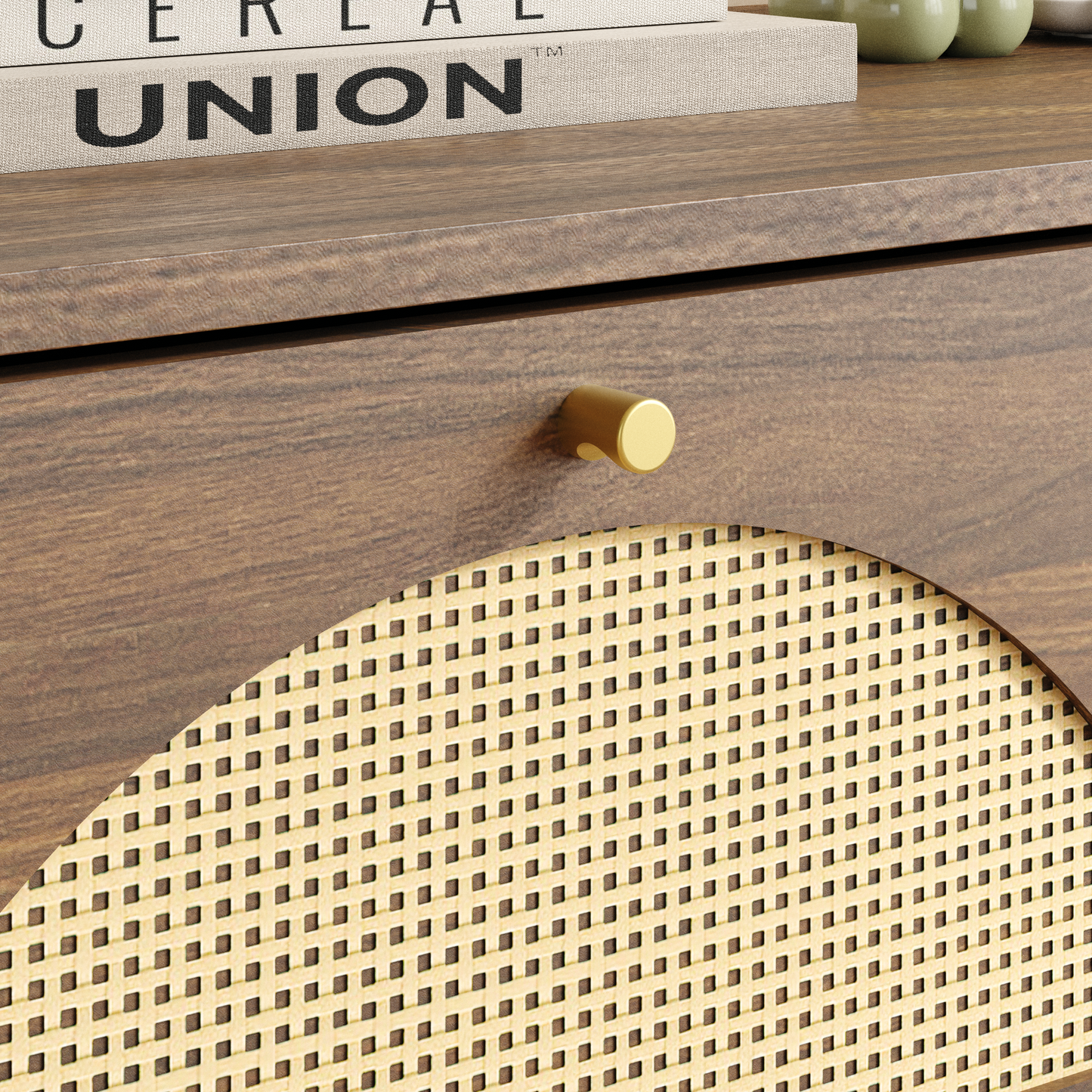 Modern 9-Drawer Dresser with Rattan Front - Walnut Finish