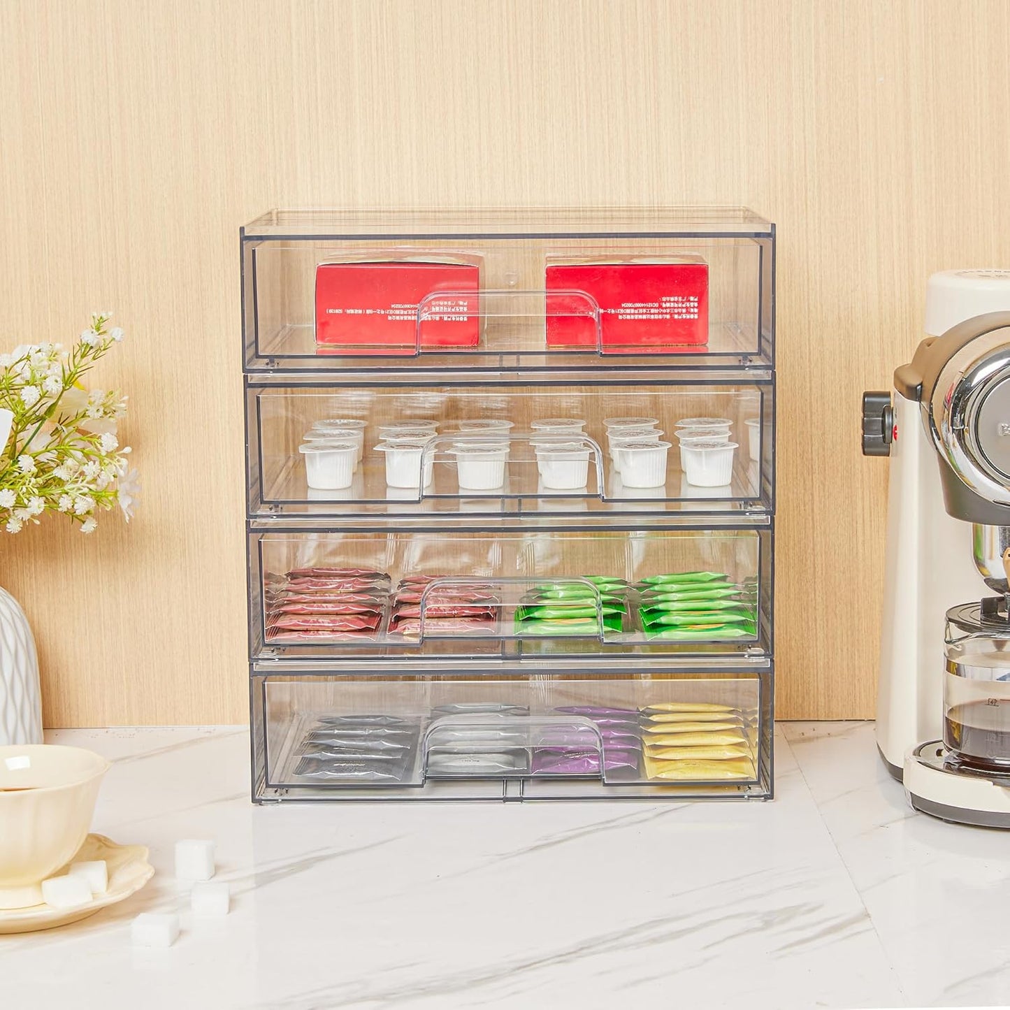 Stackable Clear Storage Drawers 12.1in Acrylic Organizer Bins for Makeup & Cosmetics Set of 2