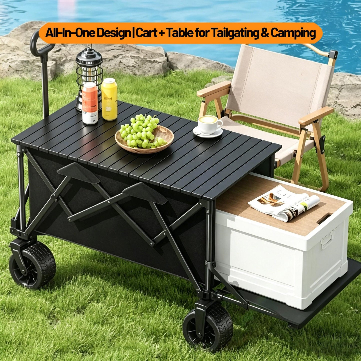 Foldable Camping Cart with Removable Tabletop & All-Terrain Wheels