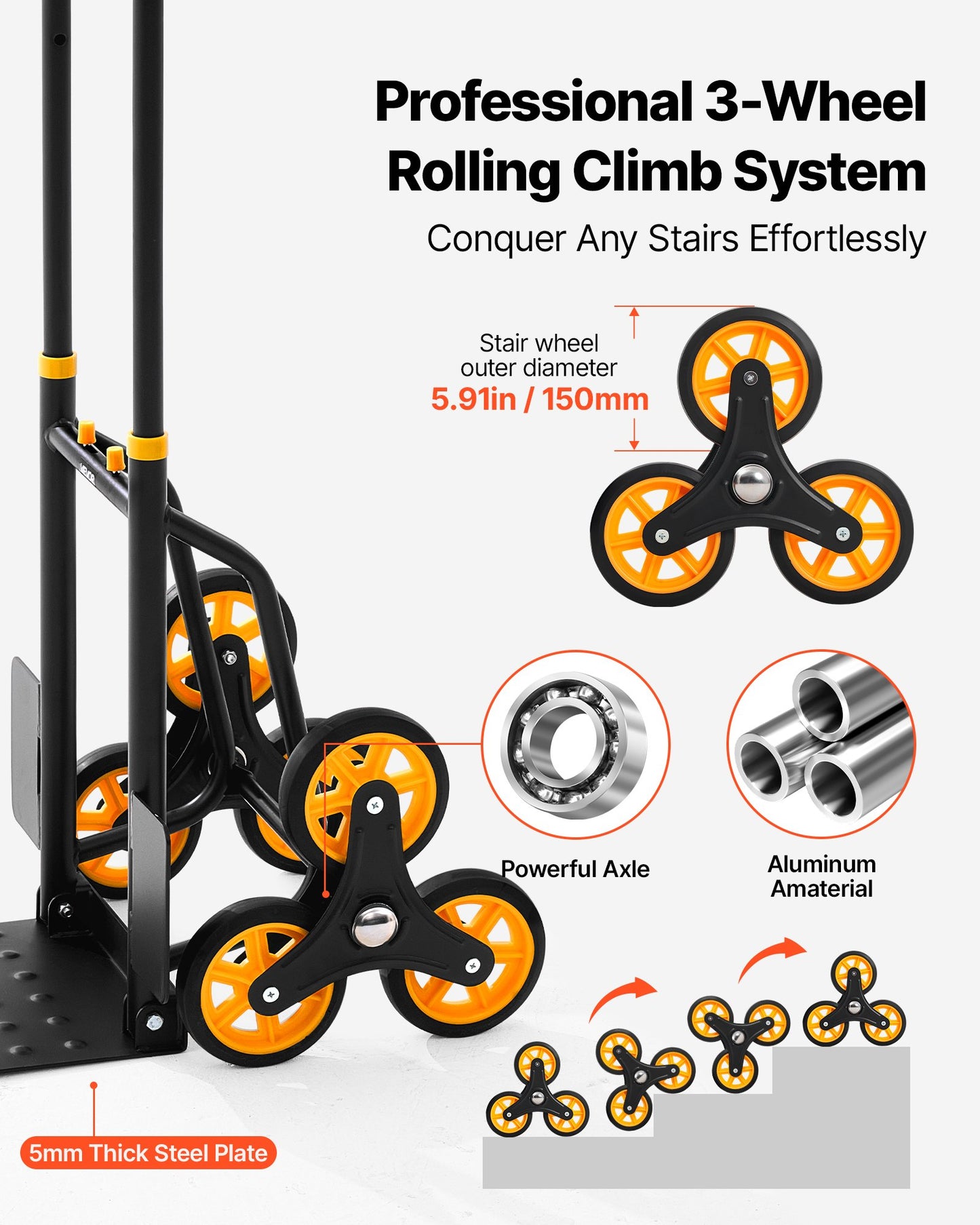 Heavy-Duty Stair Climbing Hand Truck with Folding Design & Bungee Cords - Black