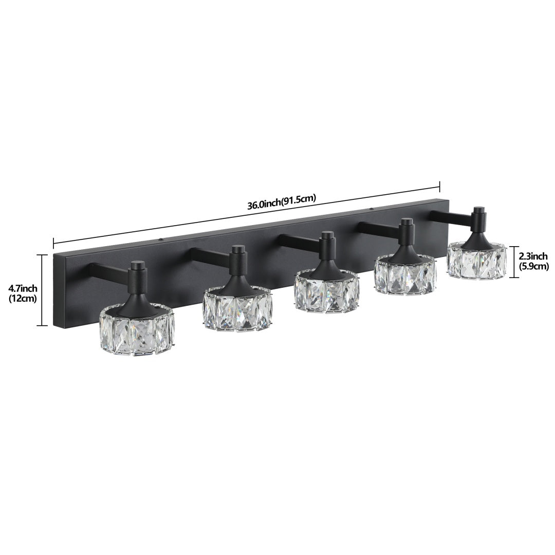 5-Light Matte Black LED Vanity Light Fixture with Crystal Shades