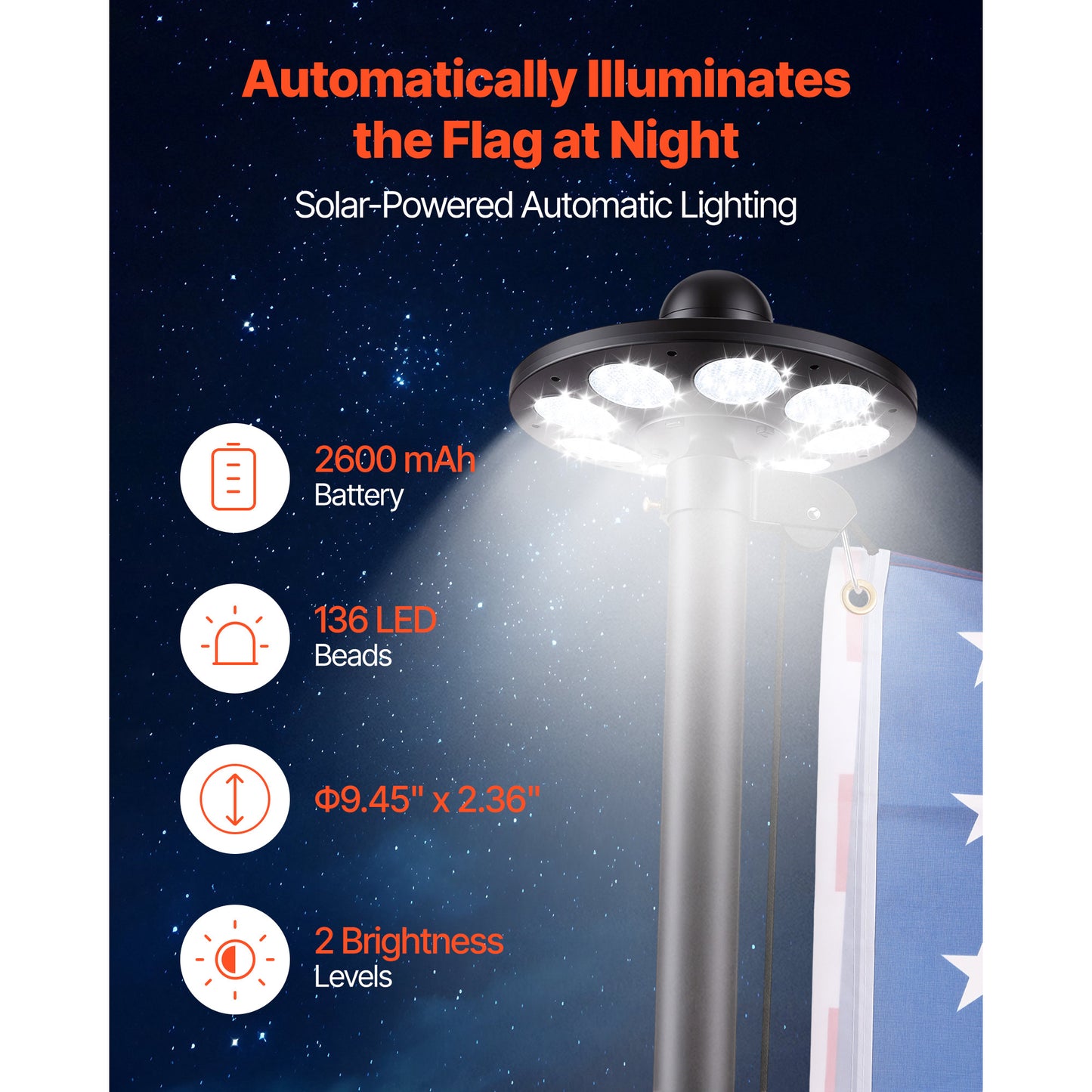25ft Heavy Duty Aluminum Flag Pole Kit with 136 LED Solar Light and American Flag for Yard & Garden