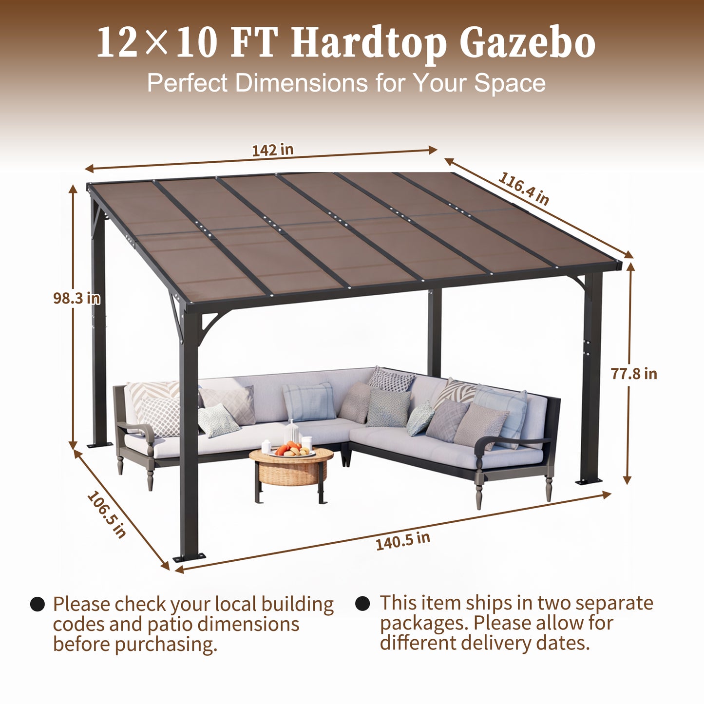 12x10 FT Hardtop Gazebo with Tinted Roof - Brown