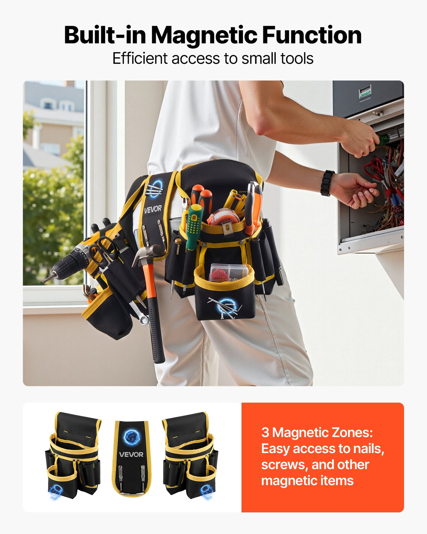 Magnetic Tool Belt with 28 Pockets Heavy Duty Adjustable Work Organizer for Construction & Carpentry