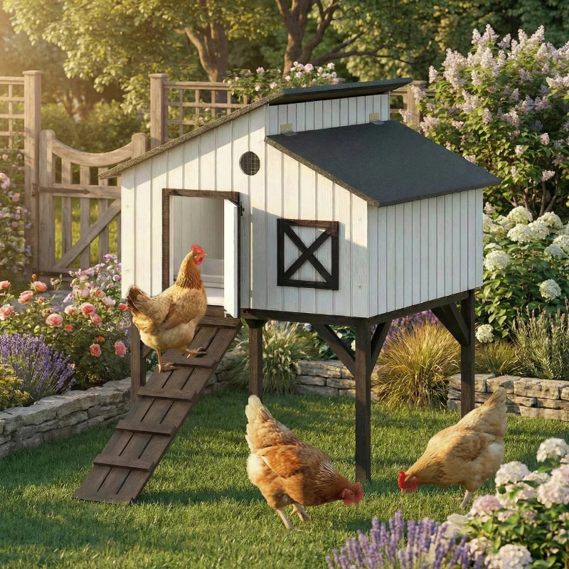 Elevated Chicken Coop with Nesting Box and Ramp - Weatherproof Bird House