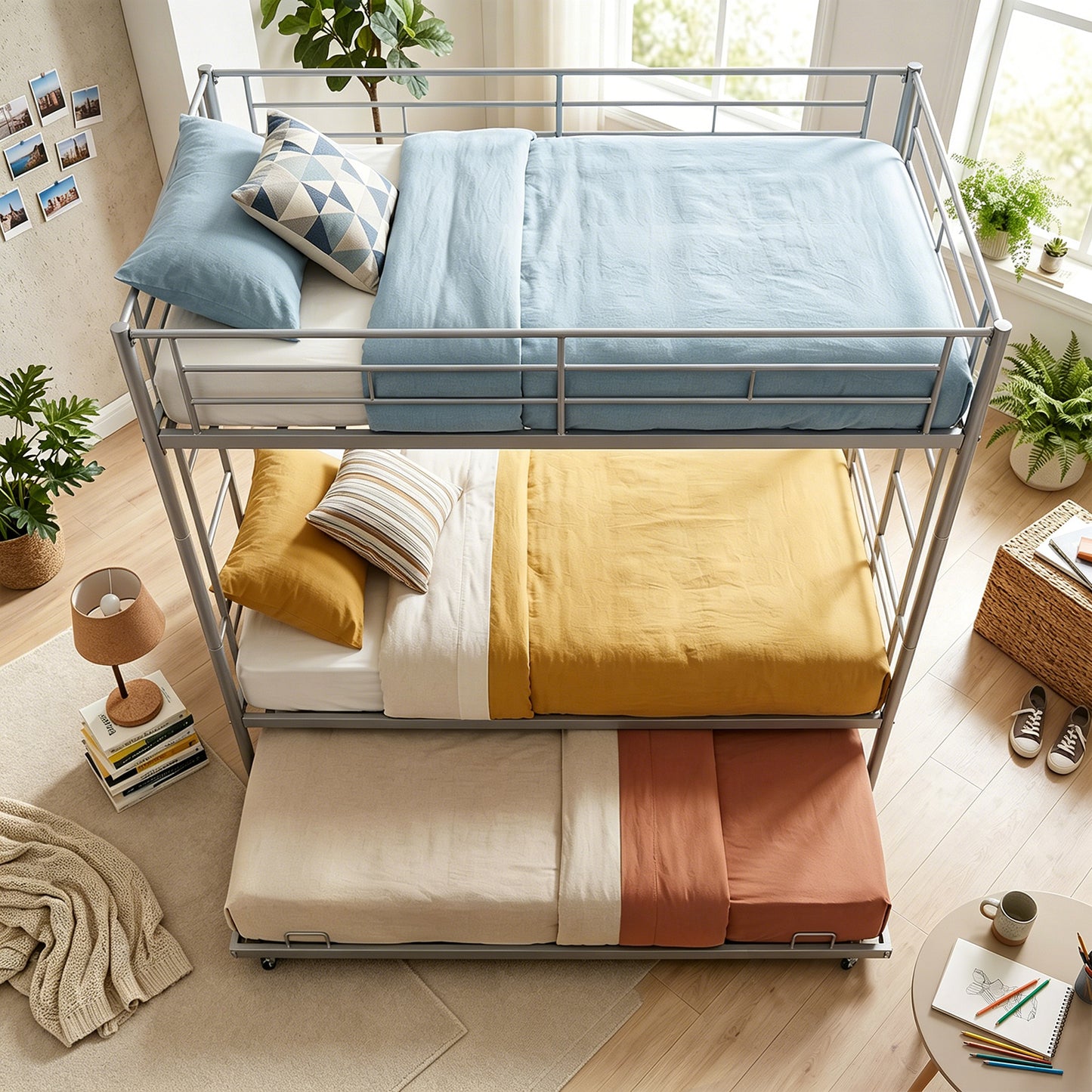Twin Over Twin Bunk Bed with Trundle and Safety Rails