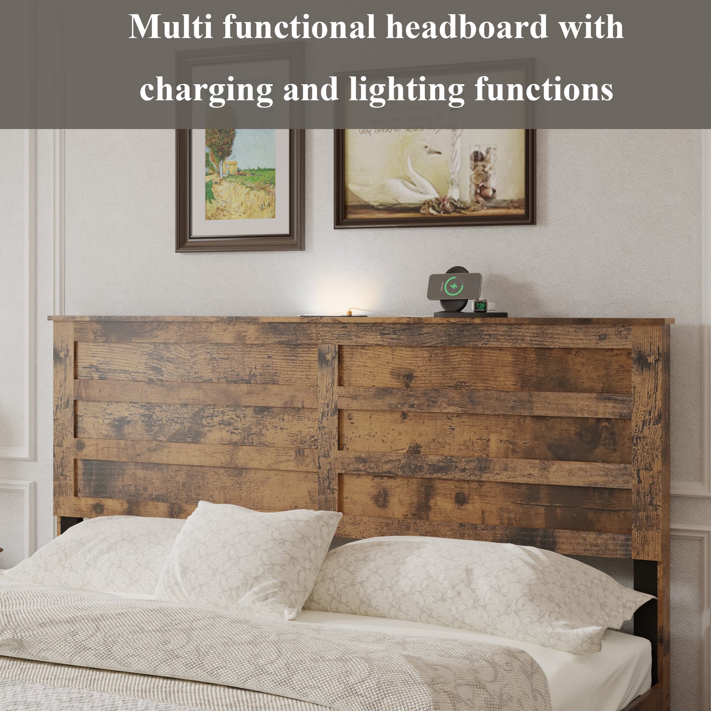 Full Rustic Platform Bed Frame with LED Headboard & Storage