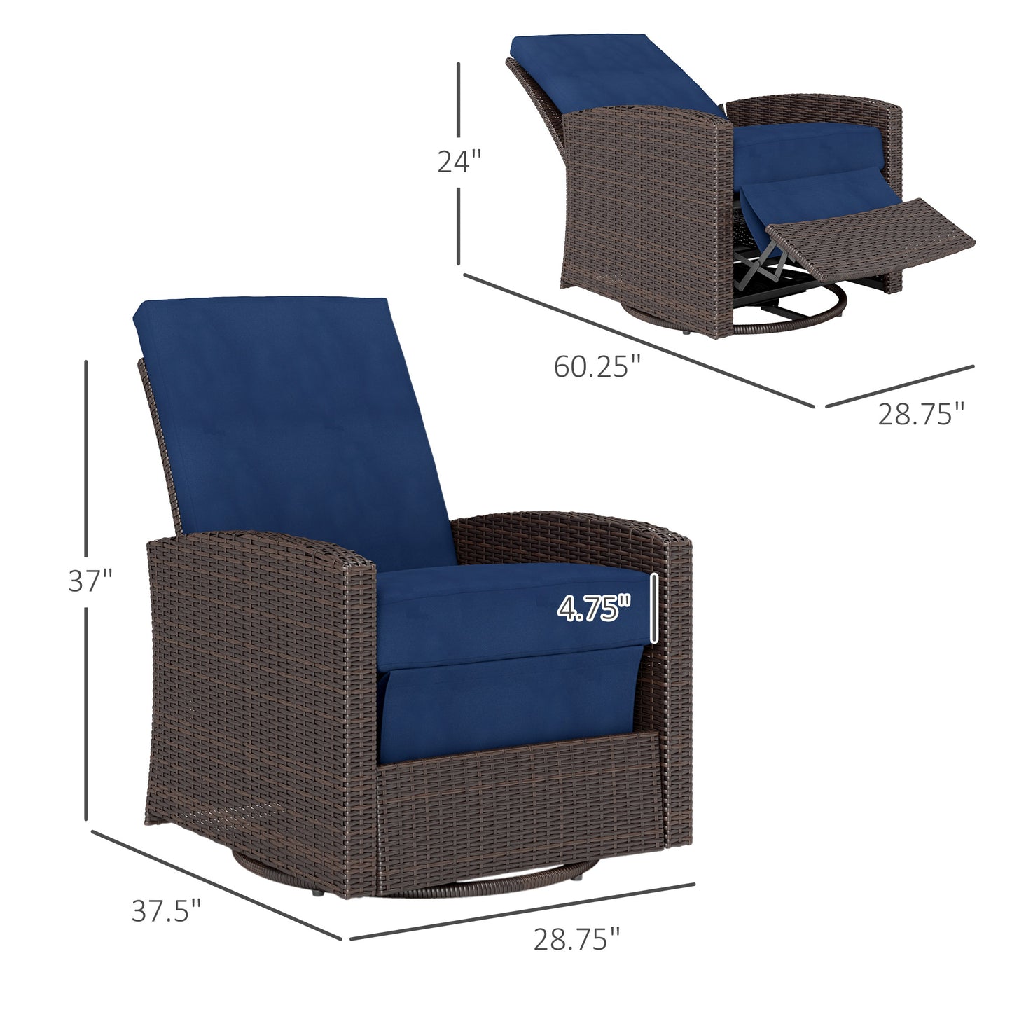 Outdoor Wicker Swivel Chair with Reclining Backrest & Footrest - Dark Blue