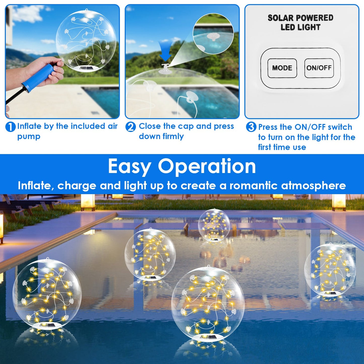 2Pcs Solar Floating Pool Lights Waterproof Inflatables with Remote Control