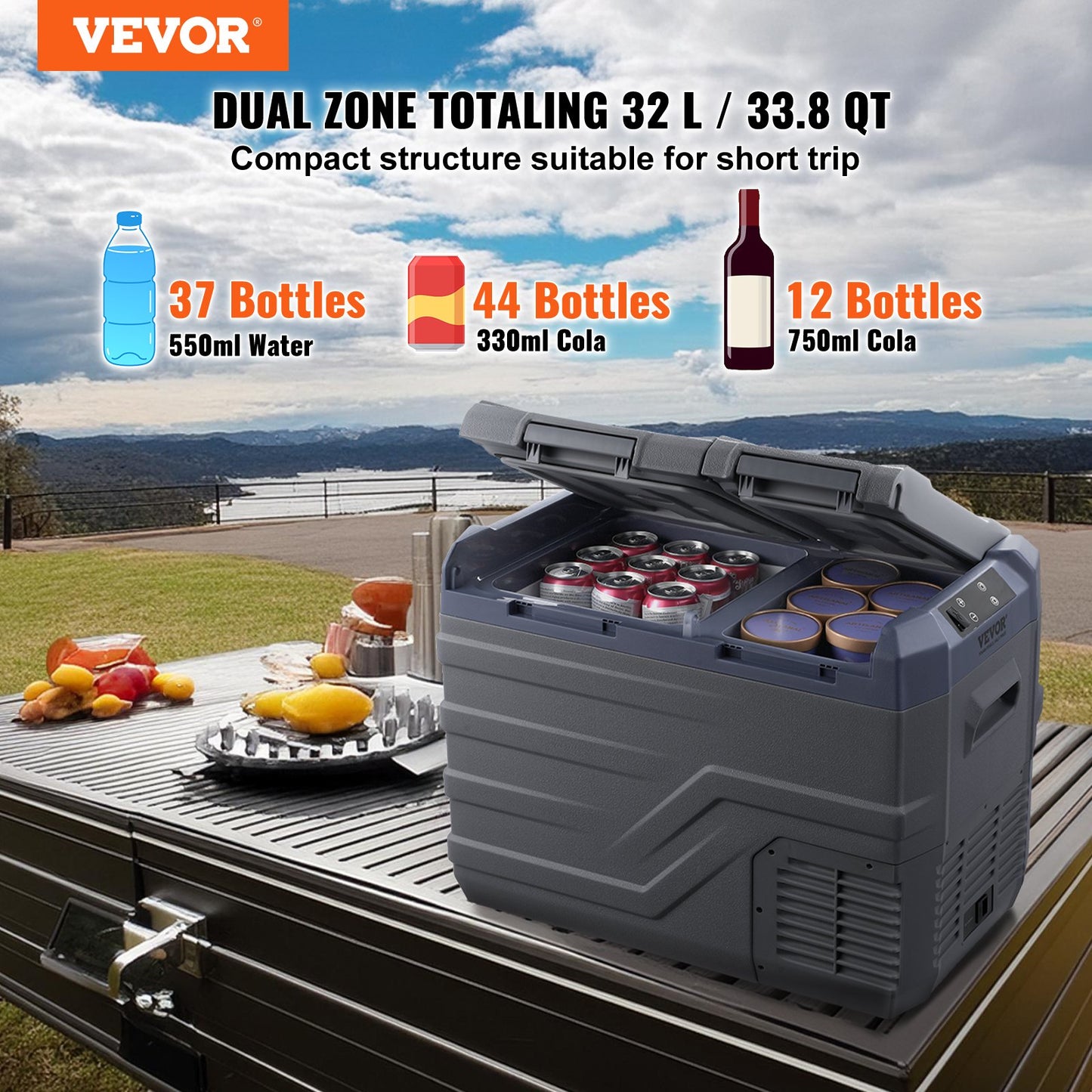 Portable Car Refrigerator Freezer 32L Dual Zone Compressor Cooler - Grey