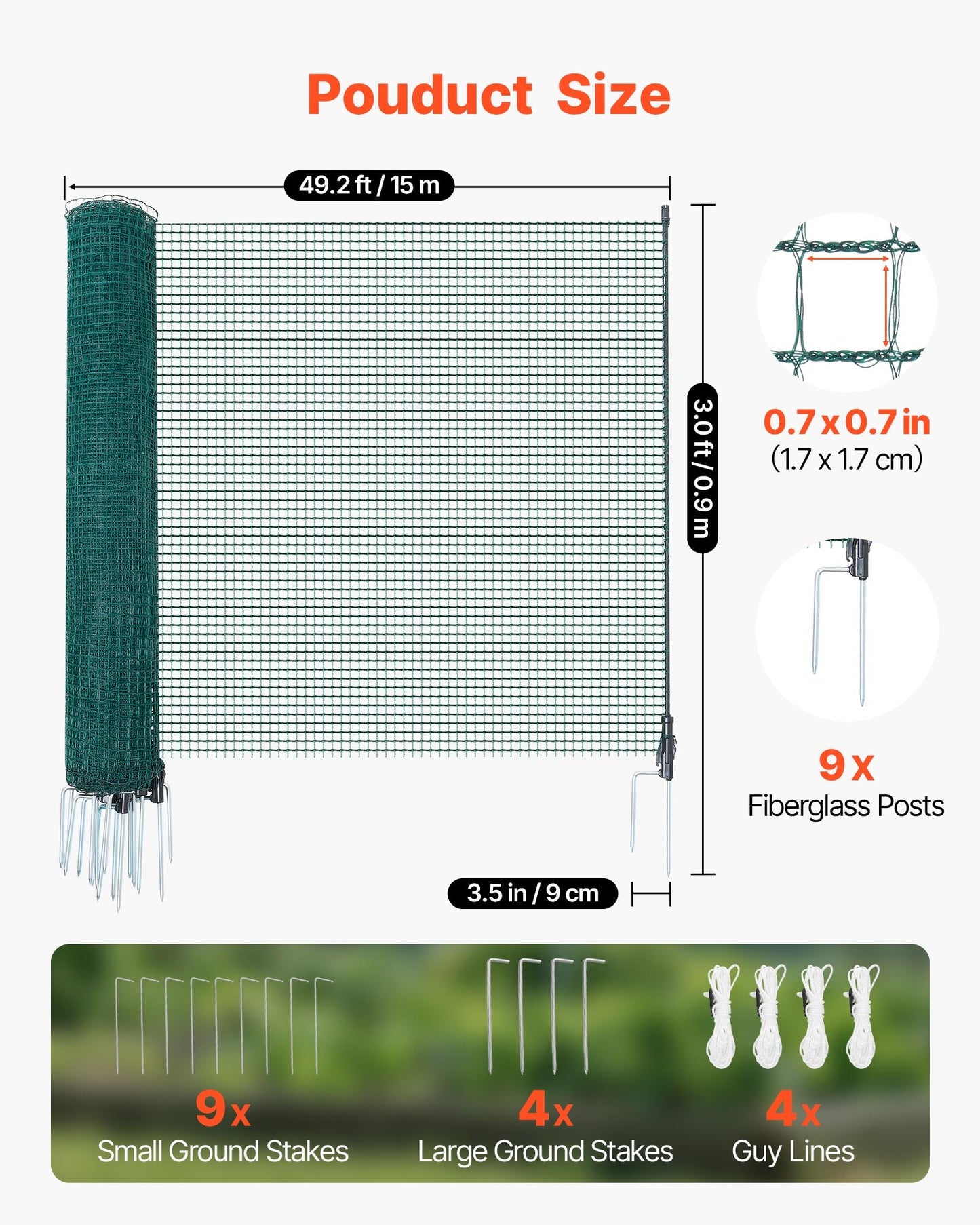Black Temporary Garden Fence 3x49.2 ft Mesh Netting with Stakes & Ropes